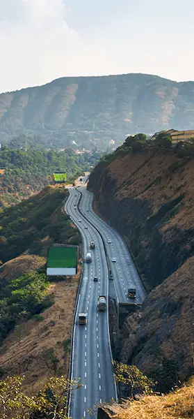 Mumbai Pune Expressway aerial view - multi-lane highway through Sahyadri hills