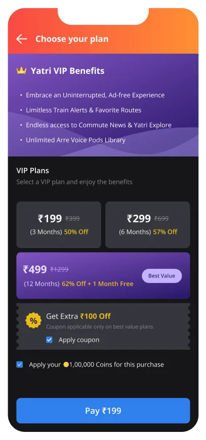 Yatri VIP subscription, ad-free Mumbai local train app with alerts, plans starting ₹199