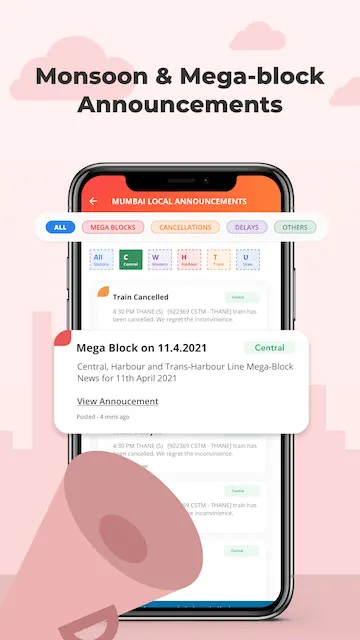 Yatri app Mumbai local train announcements - mega block alerts, cancellations and delays